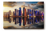 Sinus Art Wandbild 120x80cm Moderne Skyline spiegelt sich im Wasser bei untergehender Sonne – urbanes Highlight