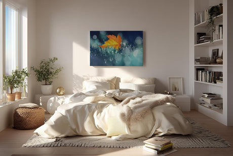 Sinus Art Wandbild 120x80cm Einzelnes orangefarbenes Ahornblatt im feuchten Gras mit Tautropfen und Lichtpunkten