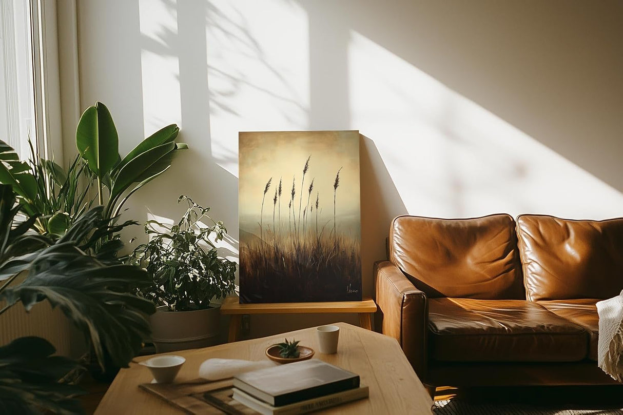 Paul Sinus 60x90cm Wandbild Gräser im Abendlicht – Naturstille in warmem Licht mit floraler Blume