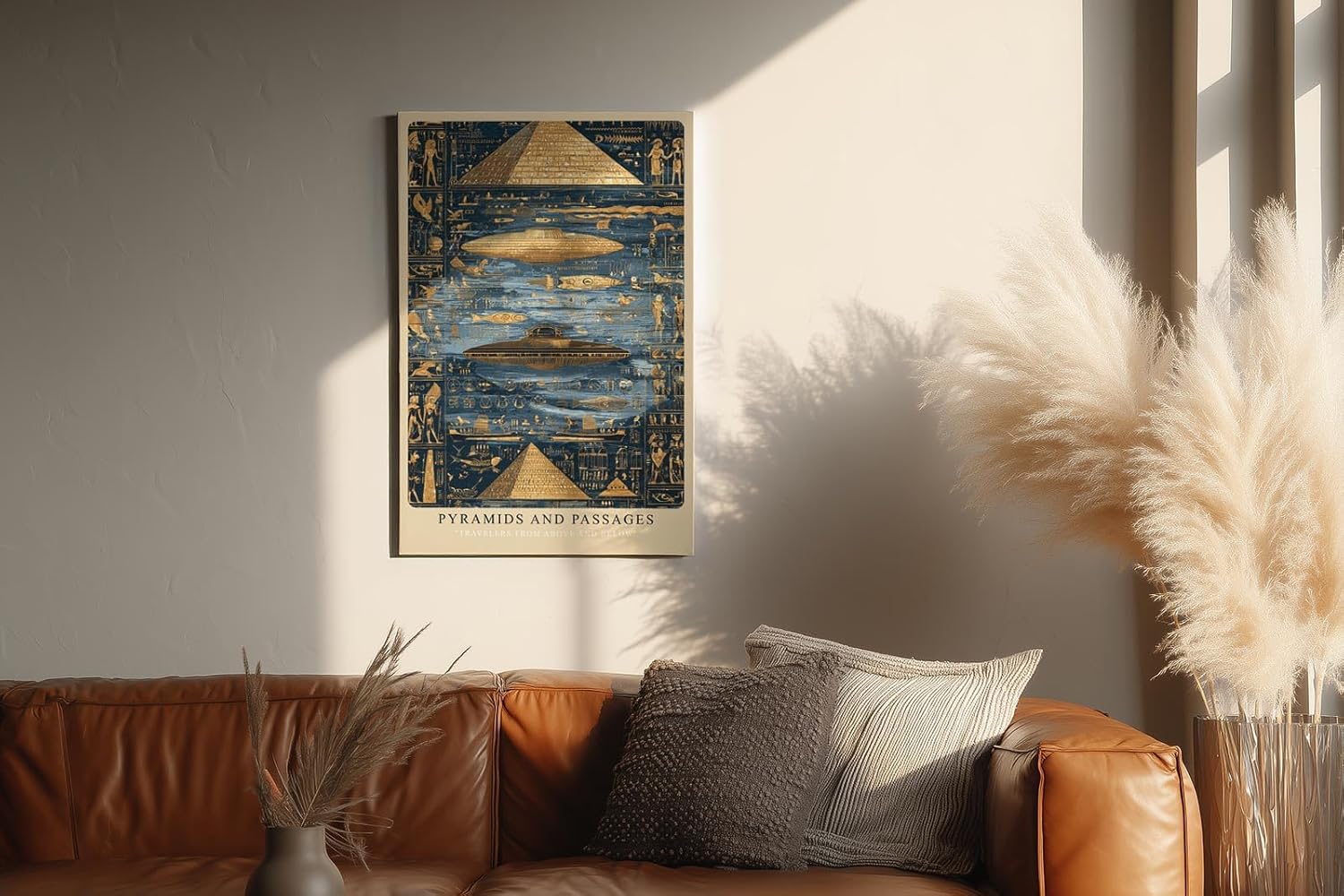 Paul Sinus Wandbild in 40x60cm Pyramids and Passages – Pyramiden, Hieroglyphen und UFO-Szenen in gold-blauer Darstellung