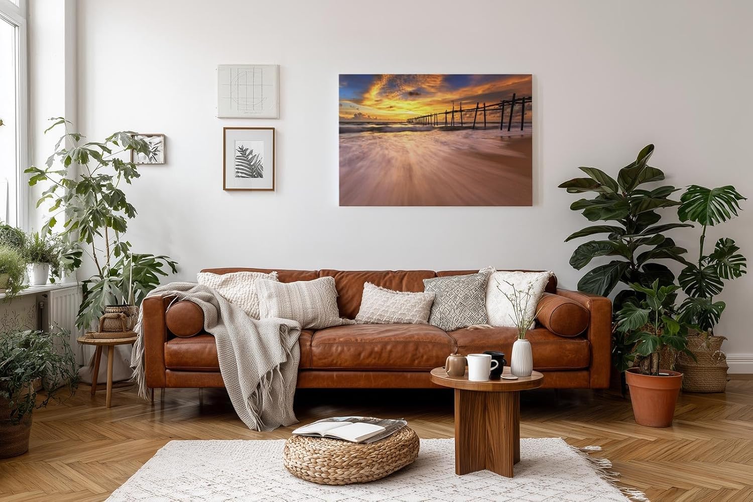 Sinus Art Wandbild 120x80cm Dramatische Szene mit bewegtem Wasser und historischem Holzsteg bei Sonnenuntergang