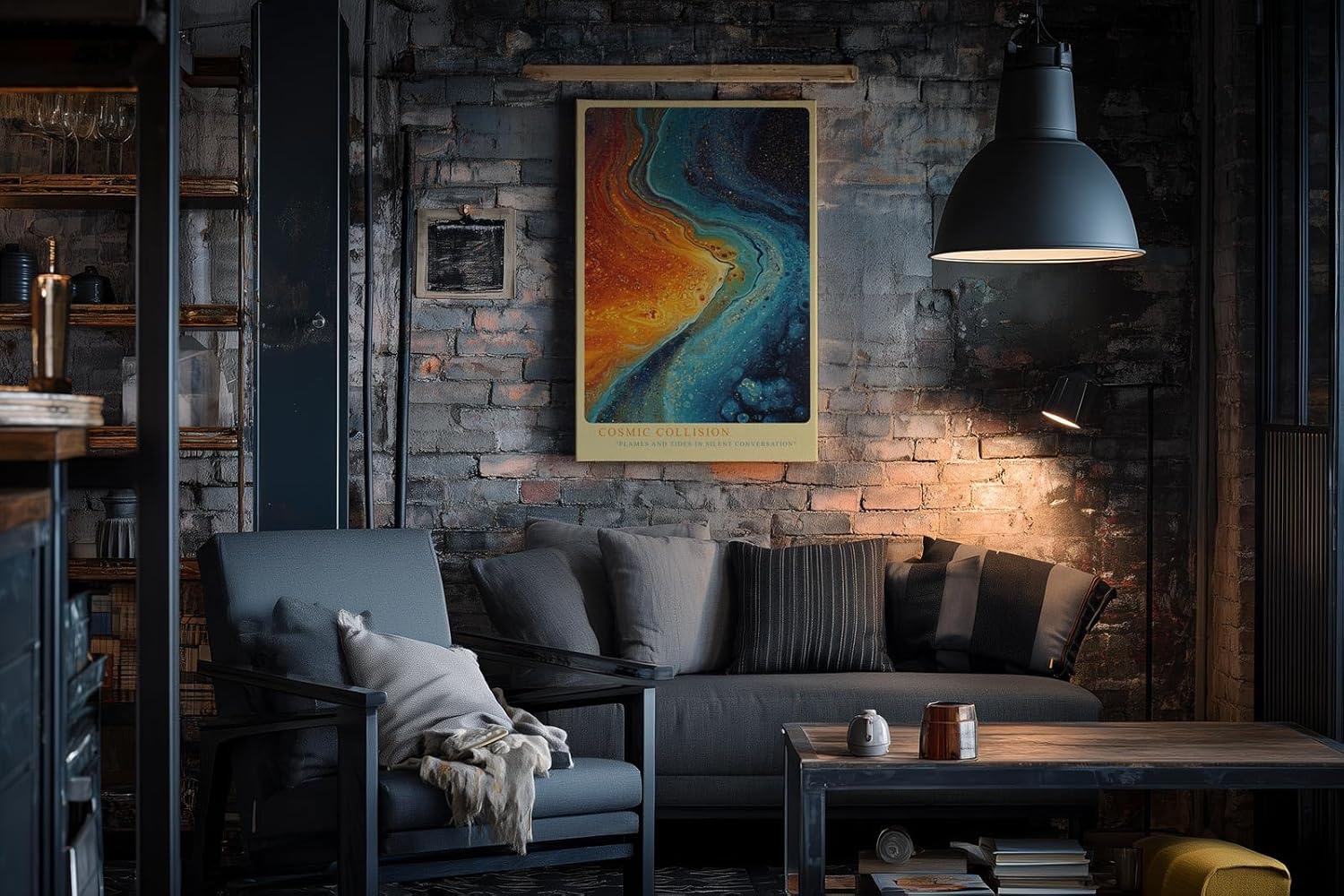 Paul Sinus Wandbild in 40x60cm Cosmic Collision in intensiven Blauund Orangetönen mit dynamischem Farbverlauf für moderne Raumgestaltung