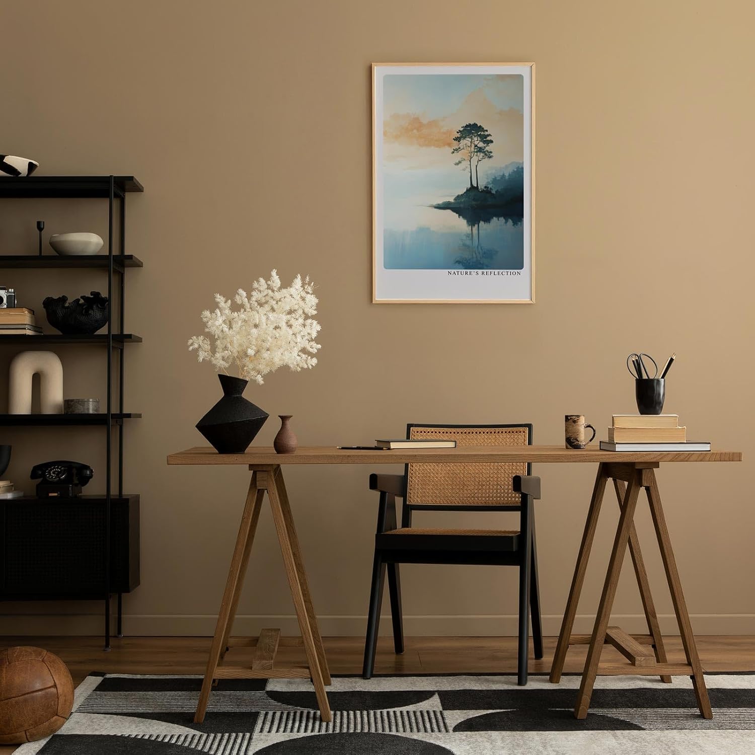 Paul Sinus Leinwandbild 80x120cm Stille Natur – Malerische Landschaft mit einsamem Baum und Spiegelung im ruhigen Wasser, sanfte Farben