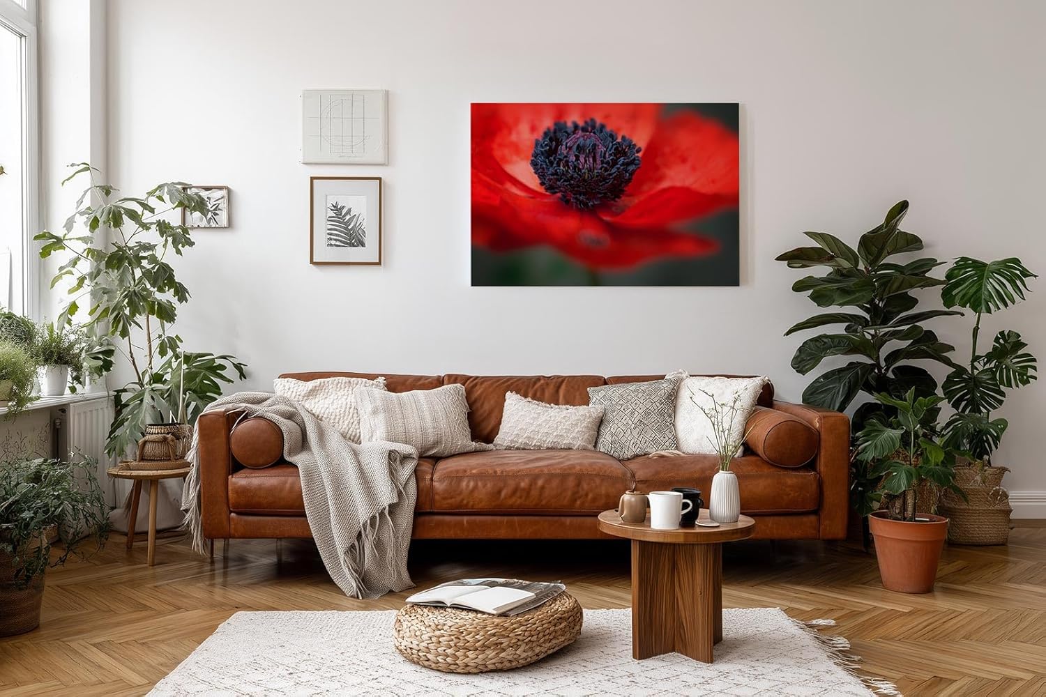 Sinus Art Wandbild 120x80cm Starke Nahaufnahme einer offenen roten Mohnblüte mit Fokus auf das tiefschwarze Zentrum
