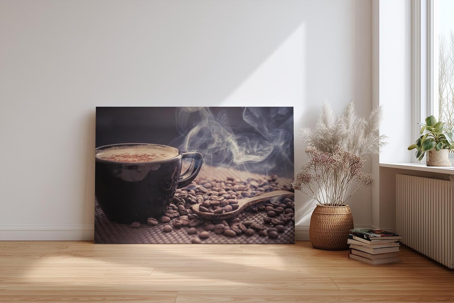 Sinus Art Wandbild 120x80cm Aromatische Darstellung mit dampfender Kaffeetasse und Kaffeebohnen weckt die Sinne und schafft gemütliche Stimmung