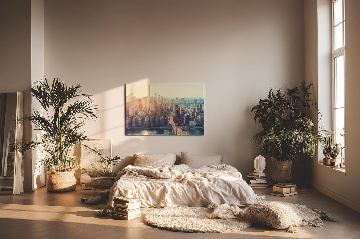 Sinus Art Wandbild 120x80cm Stimmungsvolle Stadtsilhouette mit Brooklyn Bridge und Sonnenlicht über Manhattan