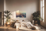 Sinus Art Wandbild 120x80cm Stimmungsvolle Stadtsilhouette mit Brooklyn Bridge und Sonnenlicht über Manhattan