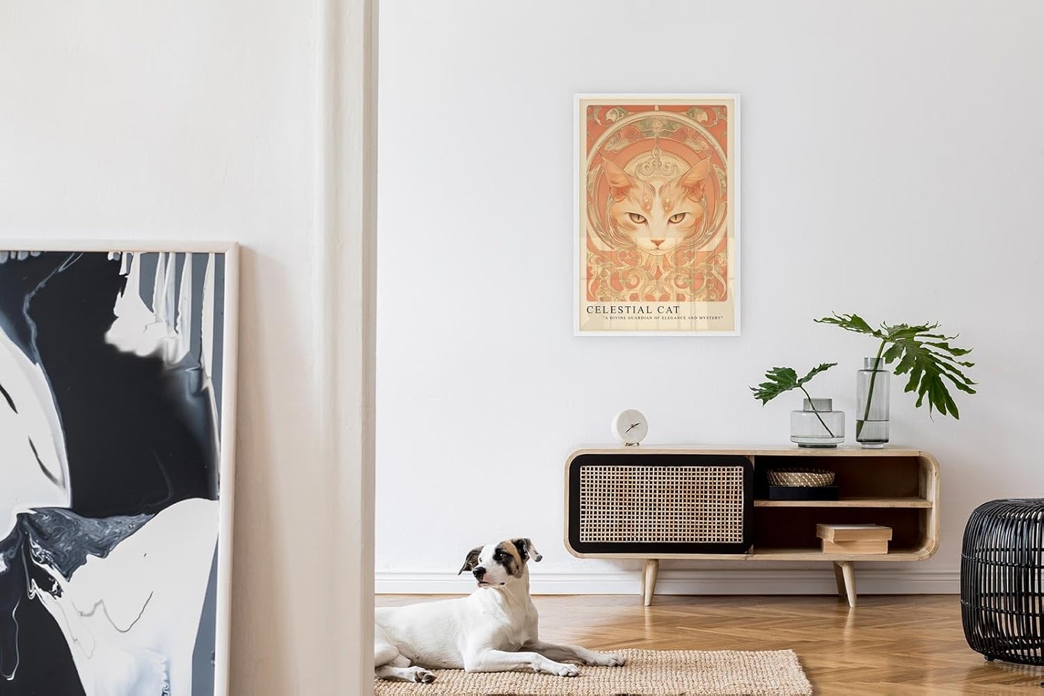 Paul Sinus Leinwandbild 60x90cm kunstvolle Darstellung einer mystischen Katze mit ornamentalen Verzierungen, harmonische Wandkunst in warmen Erdtönen