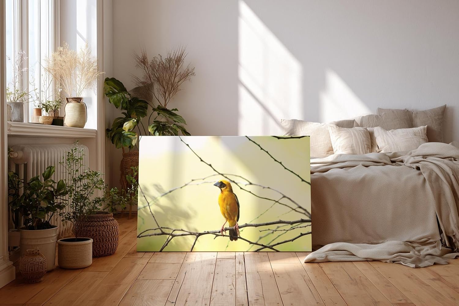 Sinus Art Wandbild 120x80cm Minimalistisches Vogelmotiv mit gelbem Farbakzent auf hellem Hintergrund für moderne Räume