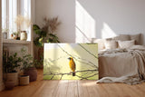 Sinus Art Wandbild 120x80cm Minimalistisches Vogelmotiv mit gelbem Farbakzent auf hellem Hintergrund für moderne Räume