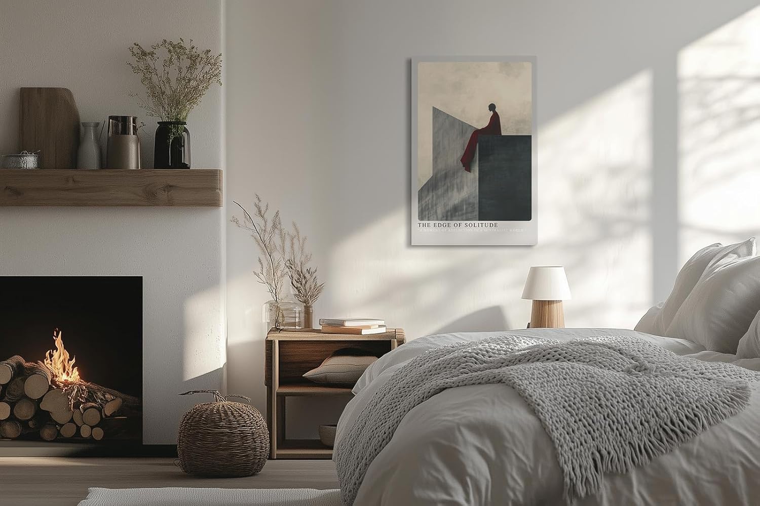 Paul Sinus Leinwandbild 60x90cm The Edge of Solitude – Minimalistische Kunst, abstrakte Silhouette auf geometrischer Architektur, tiefrote Drapierung