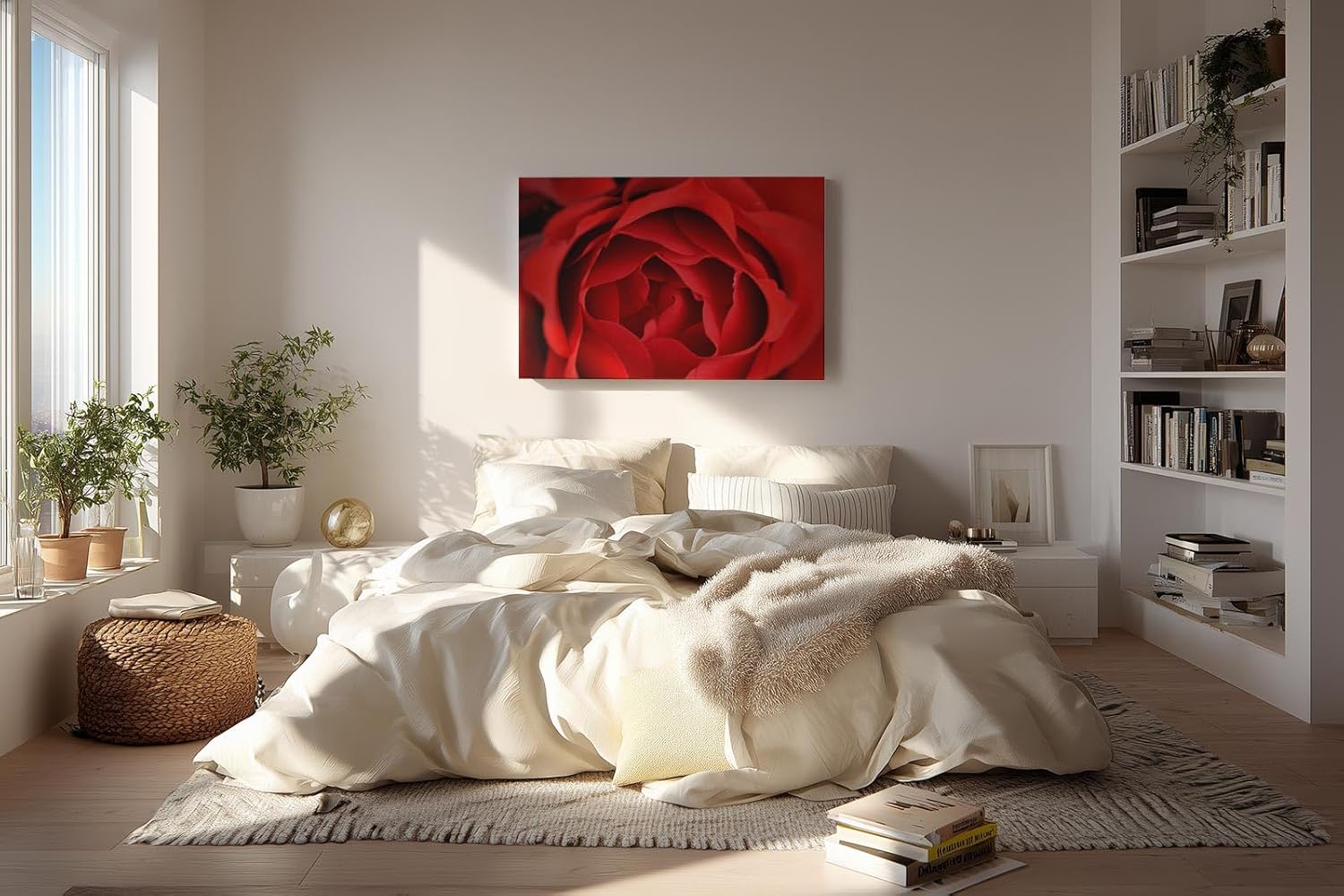 Sinus Art Wandbild 120x80cm Detailreiche Nahaufnahme einer geöffneten roten Rose mit sanft geschwungenen Blütenblättern