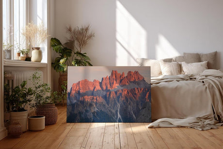 Sinus Art Wandbild 120x80cm Spektakuläre Felsformationen der Dolomiten im rötlichen Licht der untergehenden Sonne