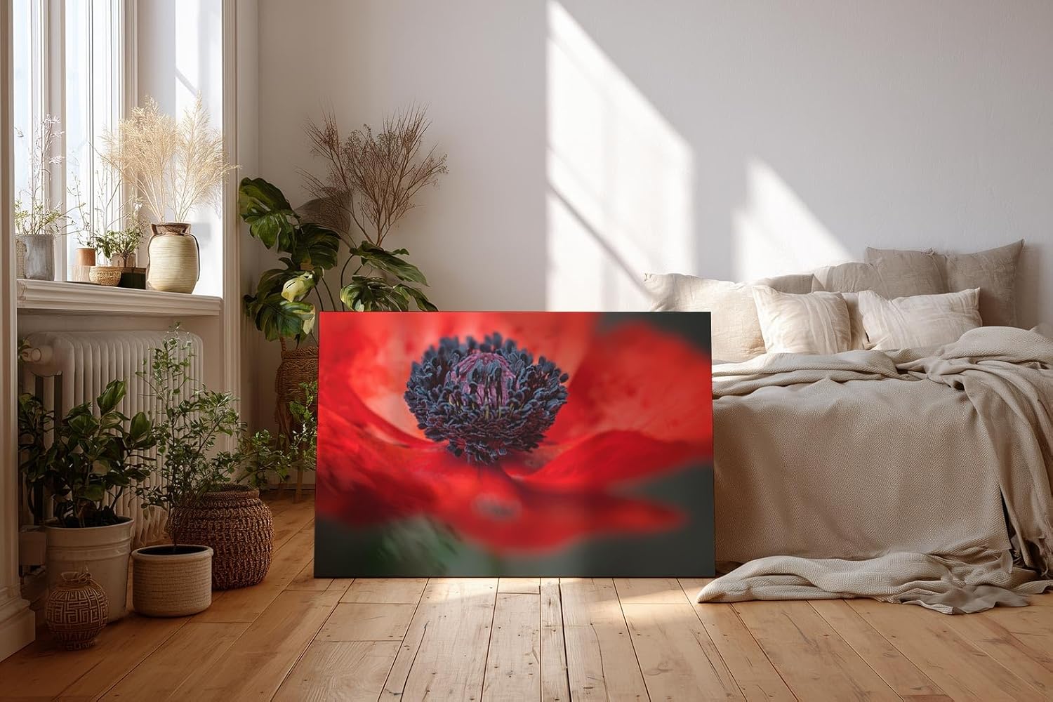 Sinus Art Wandbild 120x80cm Starke Nahaufnahme einer offenen roten Mohnblüte mit Fokus auf das tiefschwarze Zentrum