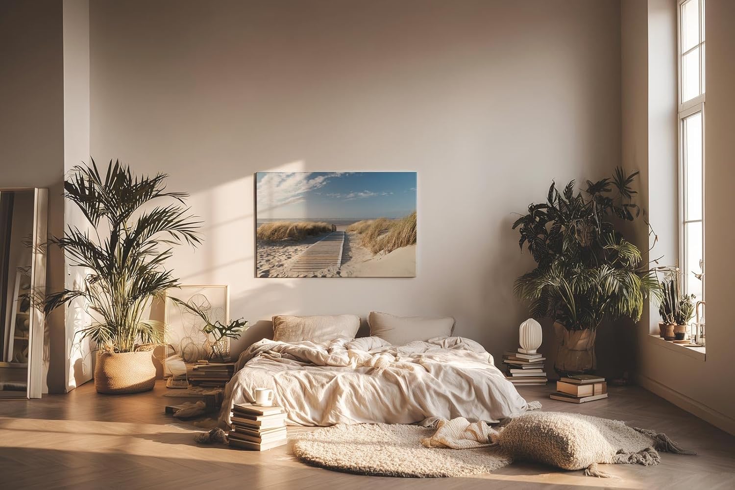 Sinus Art Wandbild 120x80cm Idyllischer Holzsteg durch Dünenlandschaft unter blauem Himmel bis zum Meer