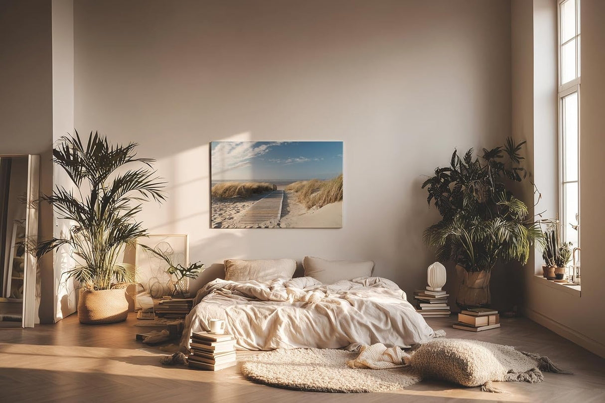 Sinus Art Wandbild 120x80cm Idyllischer Holzsteg durch Dünenlandschaft unter blauem Himmel bis zum Meer