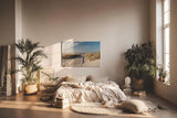 Sinus Art Wandbild 120x80cm Idyllischer Holzsteg durch Dünenlandschaft unter blauem Himmel bis zum Meer