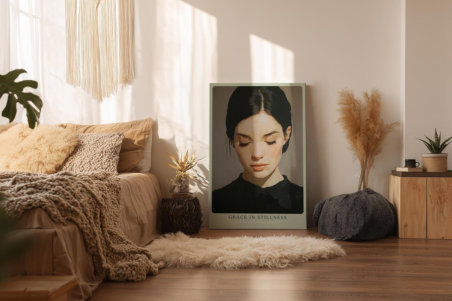 Paul Sinus Wandbild in 40x60cm Grace in Stillness – Minimalistisches Porträt einer Frau mit geschlossenen Augen, moderne Bilder in harmonischen Erdtönen, elegant und zeitlos