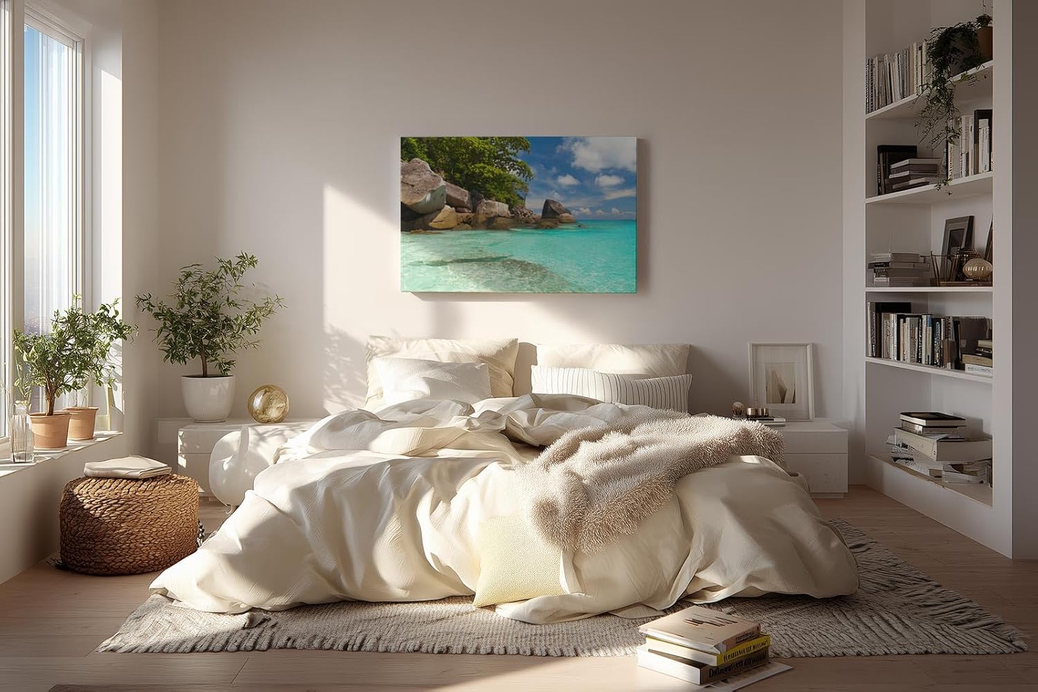 Sinus Art Wandbild 120x80cm Feinsandiger Strand mit Felsen und türkisfarbenem Wasser – paradiesisch und entspannend