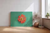 Sinus Art Wandbild 120x80cm Zentrierte rote Zinnienblüte auf grünem Blattmuster – harmonisch, lebendig und modern