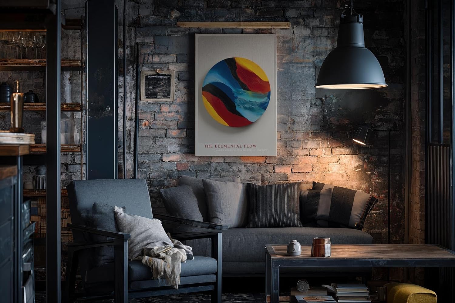 Paul Sinus Wandbild in 40x60cm The Elemental Flow – Abstraktes Rundmotiv in kräftigen Blau-, Rot-, Gelbund Schwarztönen