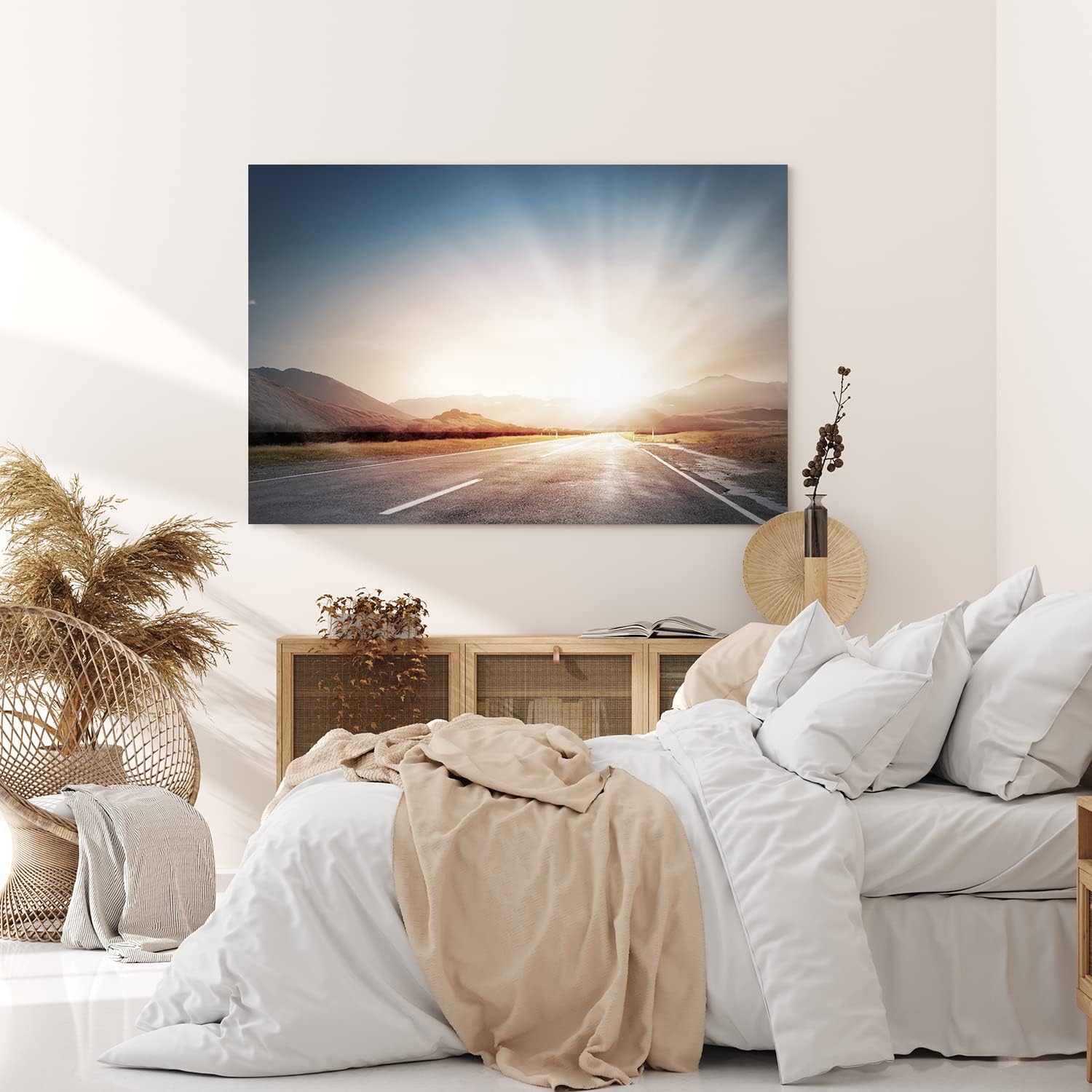 Paul Sinus Wandbild 120x80cm Straße Sonnenuntergang Berge Landschaft Sonnenstrahlen