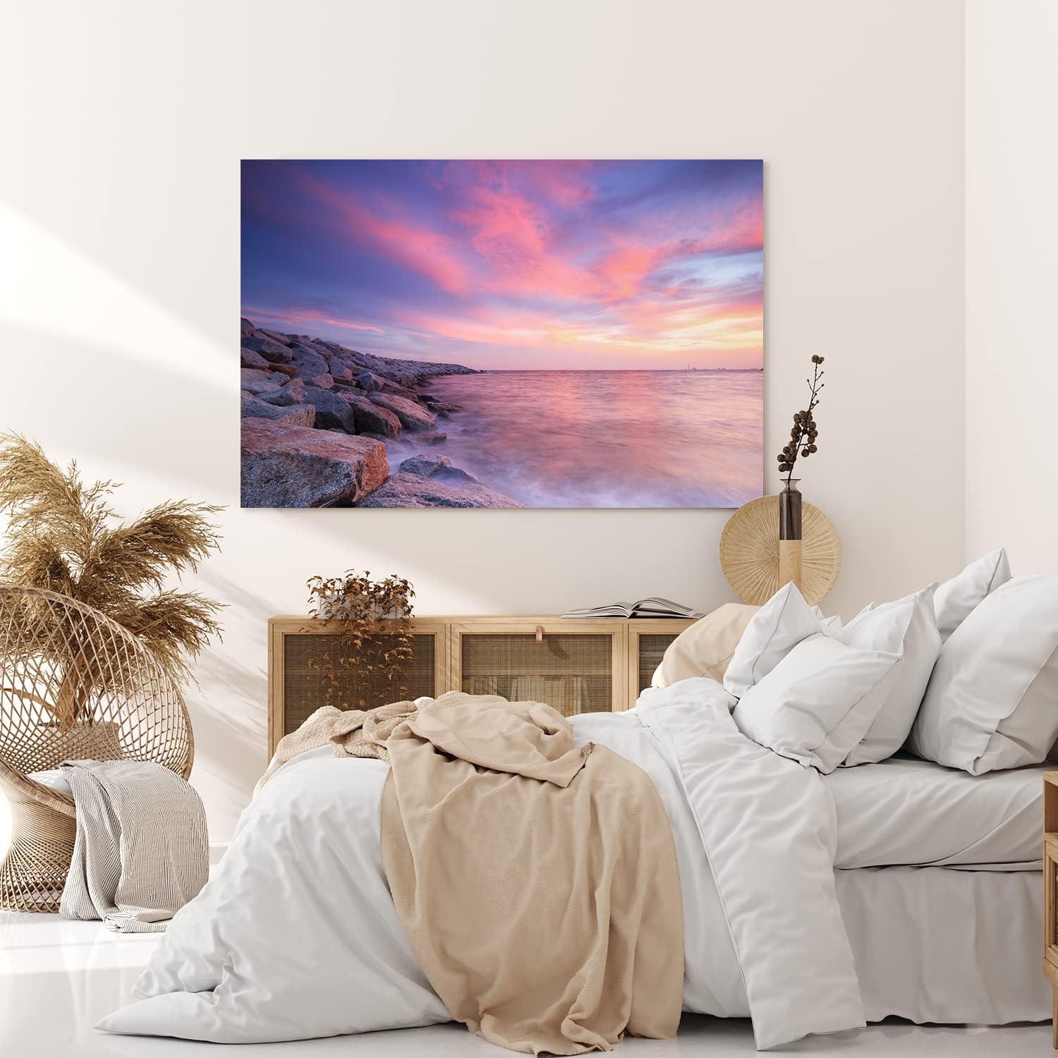 Paul Sinus Wandbild 120x80cm Küste Meer Horizont Rosa Himmel Abendröte Ozean