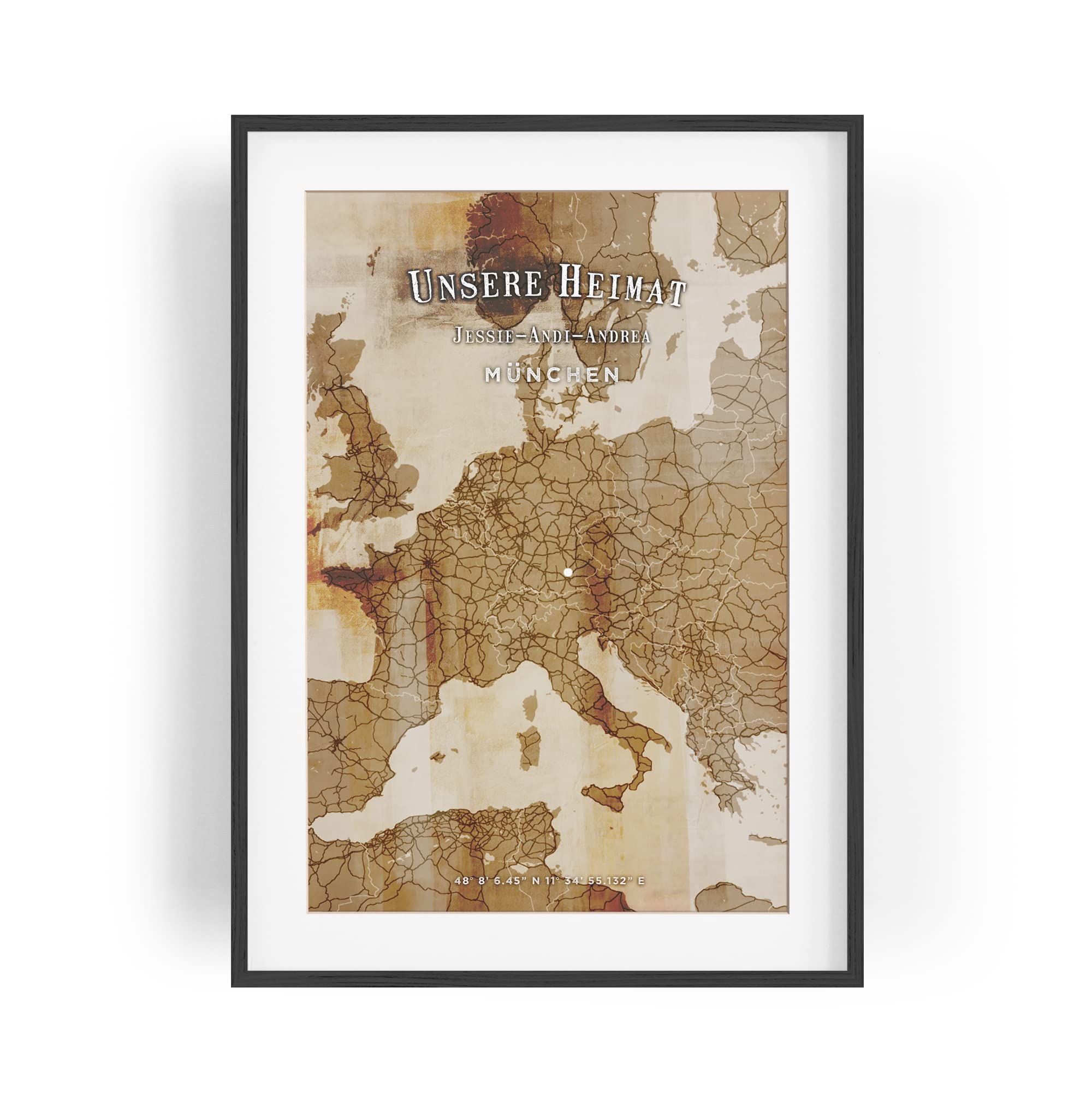 Paul Sinus personalisierter Bilderrahmen mit deinen GPS Koordinaten und Namen. 30cm x 42cm Holz Wechselrahmen mit Glas und Passepartout. Landkarte Heimat. (ohne Rahmen)