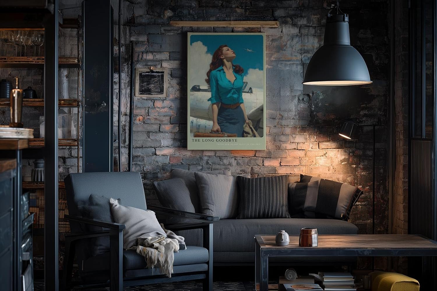 Paul Sinus Wandbild in 40x60cm The Long Goodbye mit stilvoller Frau vor silbernem Flugzeug und Blick in den Himmel für elegante Wandgestaltung
