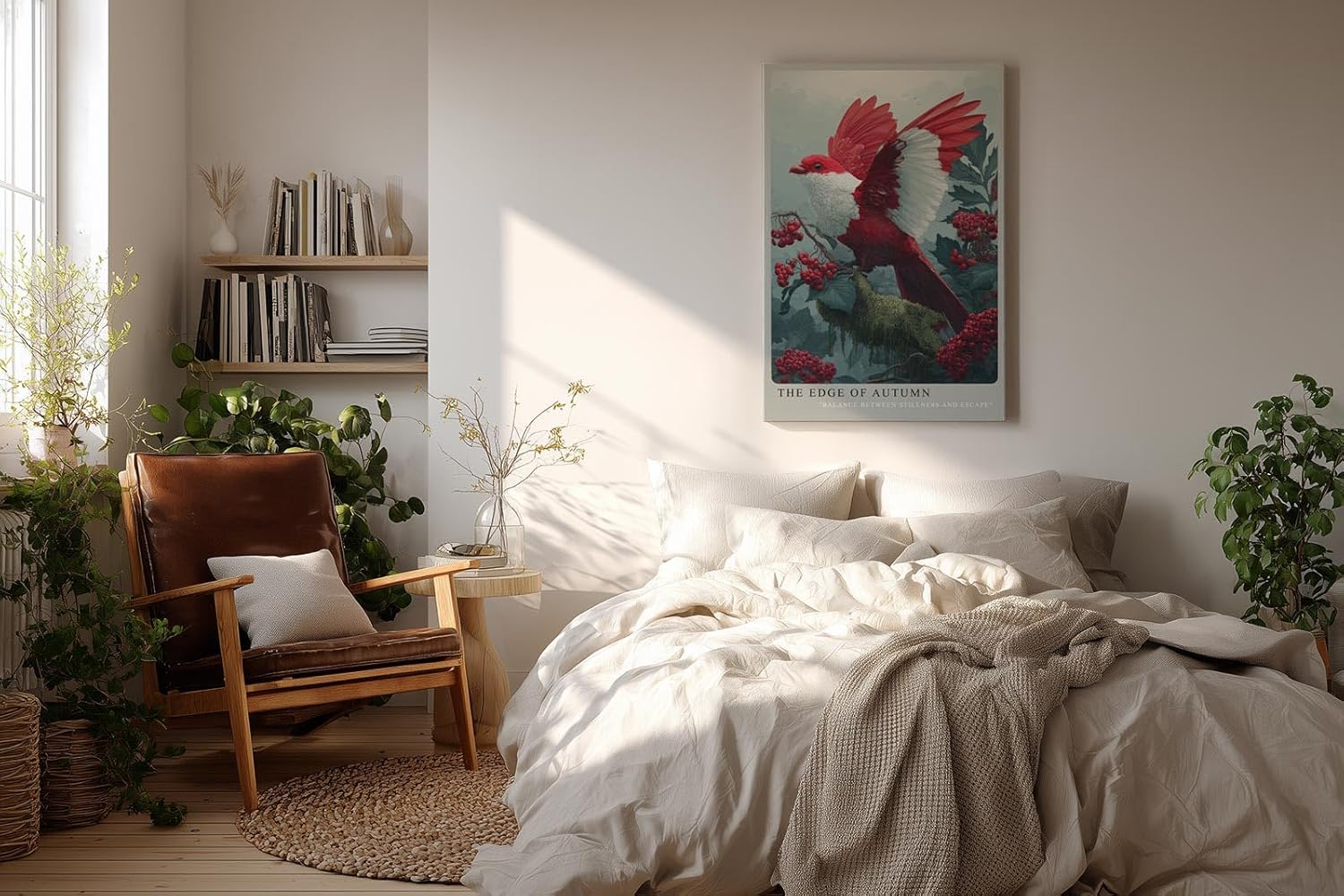 Paul Sinus Wandbild in 40x60cm The Edge of Autumn Rot-weißer Vogel auf Zweig mit roten Beeren in herbstlicher Szenerie für elegante Naturdekoration