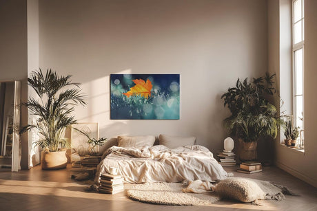 Sinus Art Wandbild 120x80cm Einzelnes orangefarbenes Ahornblatt im feuchten Gras mit Tautropfen und Lichtpunkten