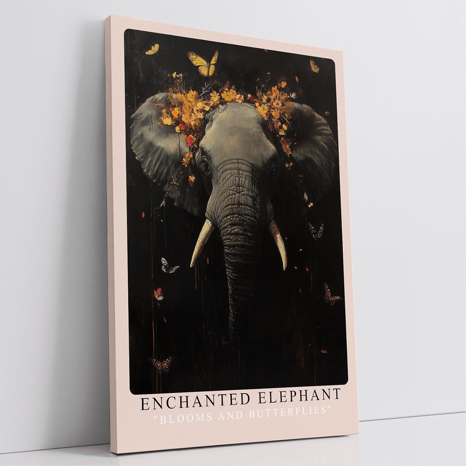 Paul Sinus Leinwandbild 60x90cm mystischer Elefant mit floraler Krone und Schmetterlingen, ausdrucksstarke Wandkunst in dunklen Tönen