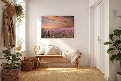 Sinus Art Wandbild 120x80cm Unendliches Lavendelfeld im warmen Licht des Sonnenuntergangs – beruhigend und harmonisch
