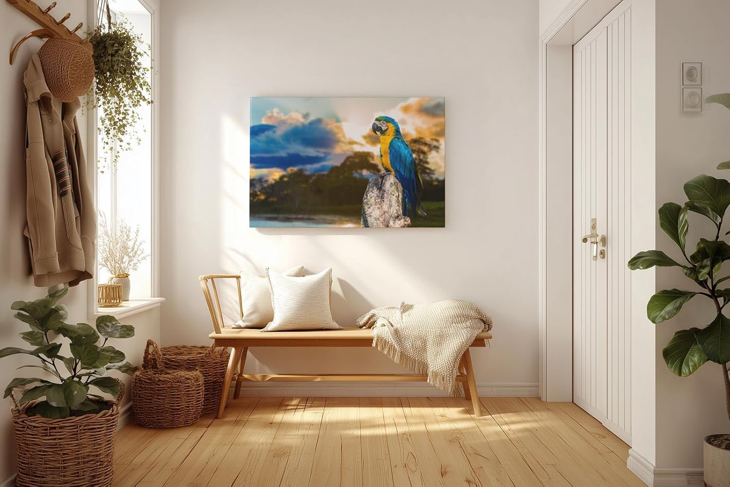 Sinus Art Wandbild 120x80cm Farbenfroher Ara auf Baumstamm mit stimmungsvoller Himmelsszenerie in der Natur