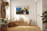 Sinus Art Wandbild 120x80cm Farbenfroher Ara auf Baumstamm mit stimmungsvoller Himmelsszenerie in der Natur