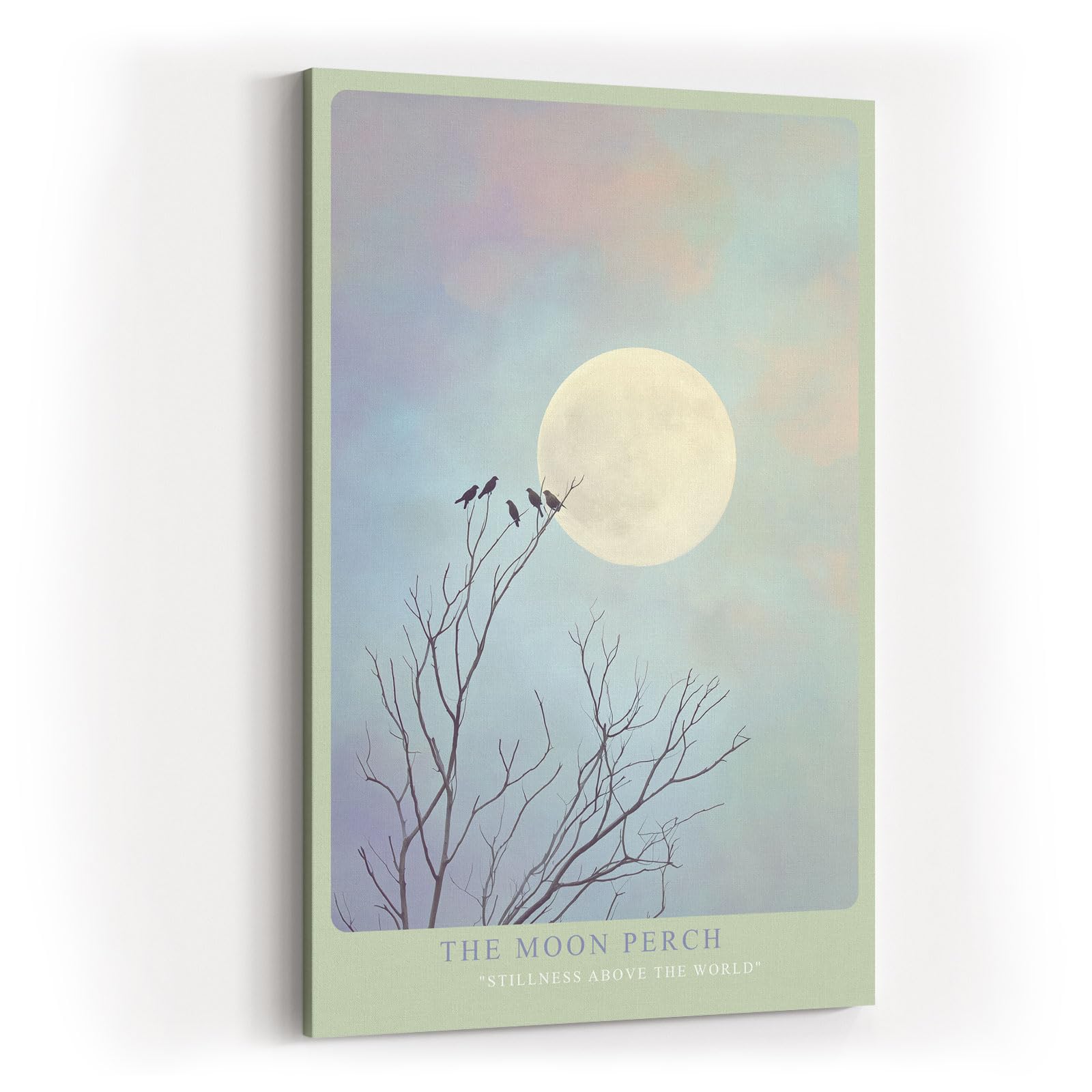 Paul Sinus Wandbild in 40x60cm The Moon Perch Vögel auf kahlen Ästen vor großem Mond im sanften Farbenspiel aus Blau und Rosa