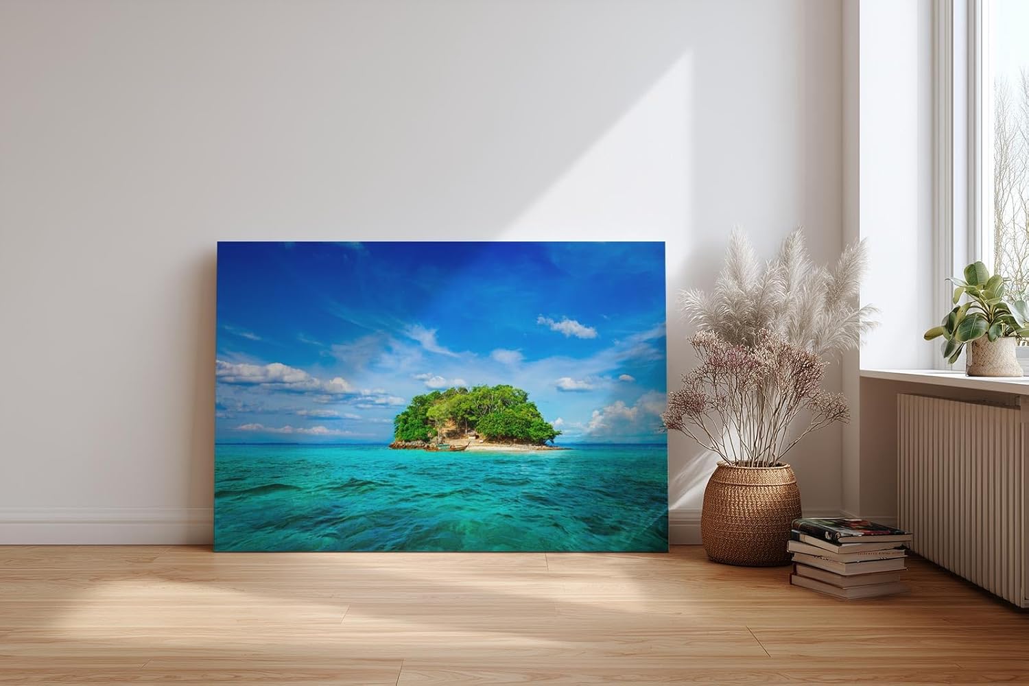 Sinus Art Wandbild 120x80cm Kleine tropische Insel mit Palmen und weißem Strand im türkisfarbenen Wasser