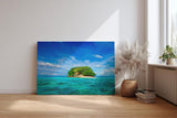 Sinus Art Wandbild 120x80cm Kleine tropische Insel mit Palmen und weißem Strand im türkisfarbenen Wasser
