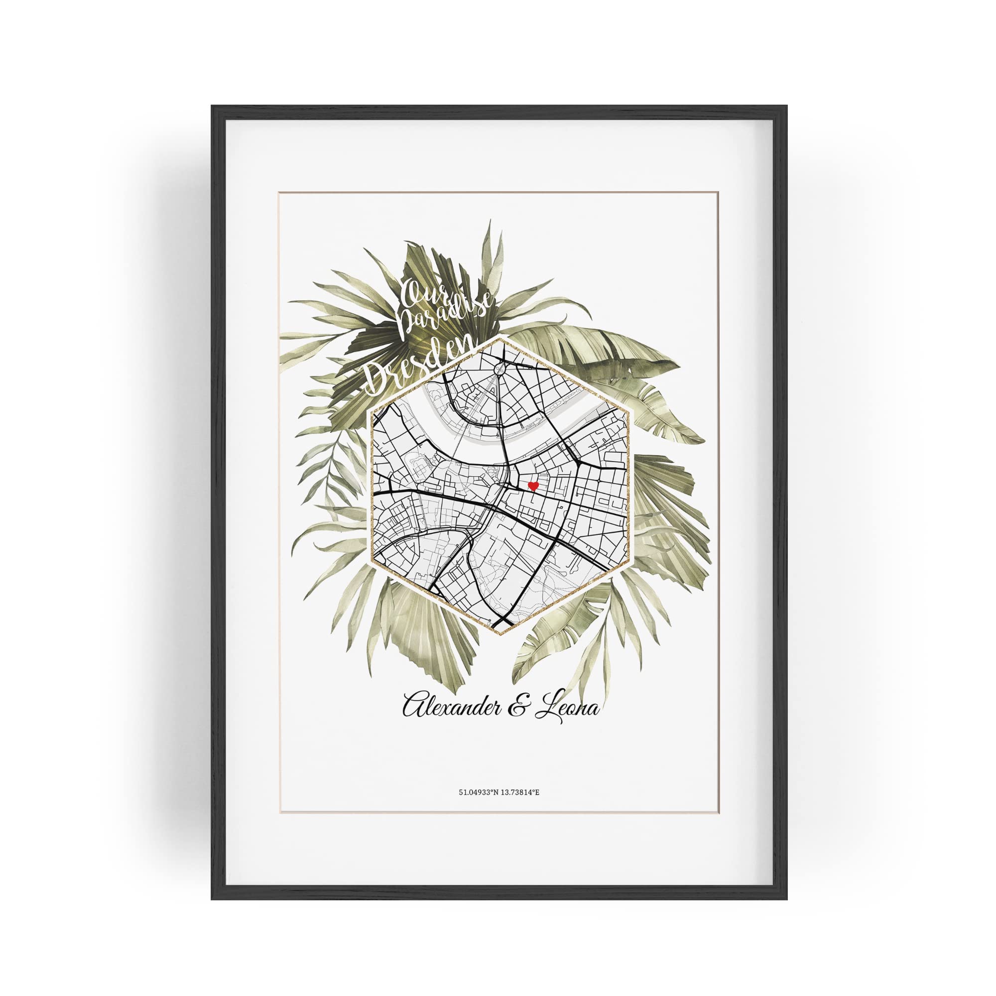 Paul Sinus Gerahmtes Wandbild Map mit deinen GPS Koordinaten und Namen. 30cm x 42cm Rahmen mit Stadtkarte selbstgestaltet. Ganz individuell. (ohne Rahmen)