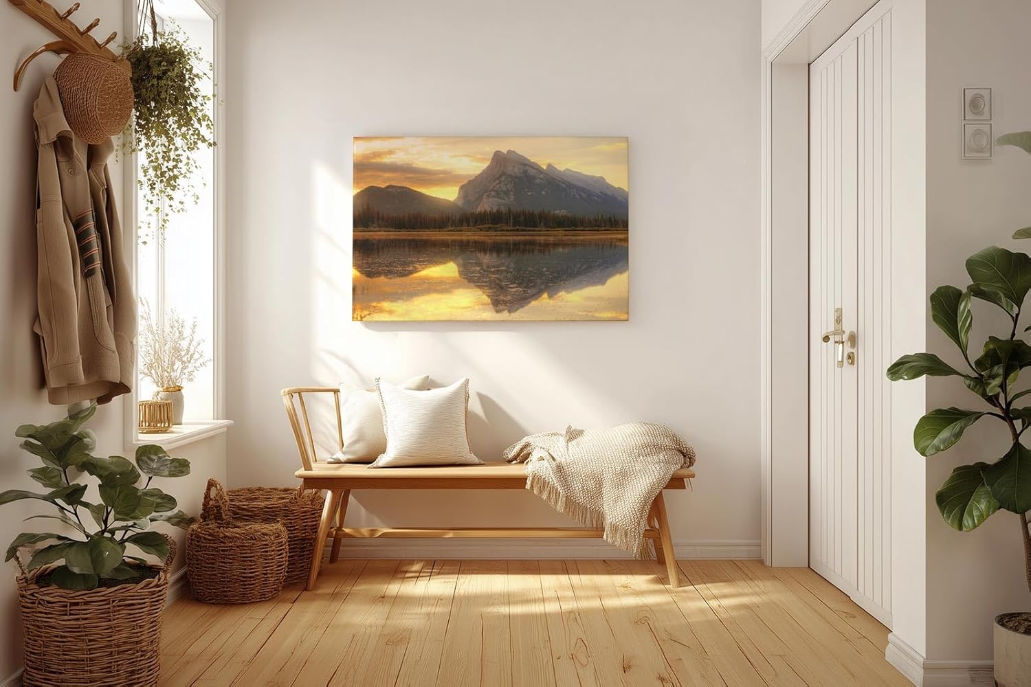 Sinus Art Wandbild 120x80cm Bergmassiv spiegelt sich im ruhigen See – warm, still und kraftvoll zugleich