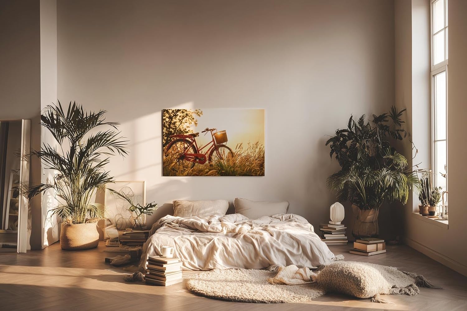 Sinus Art Wandbild 120x80cm Rotes Fahrrad im goldenen Gegenlicht einer Sommerwiese mit romantischem Flair