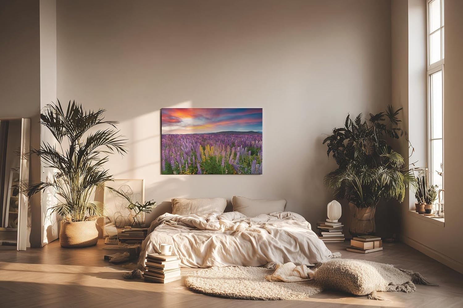 Sinus Art Wandbild 120x80cm Leuchtende Lupinen in Violett, Pink und Gelb vor einem dramatischen Abendhimmel