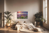 Sinus Art Wandbild 120x80cm Leuchtende Lupinen in Violett, Pink und Gelb vor einem dramatischen Abendhimmel