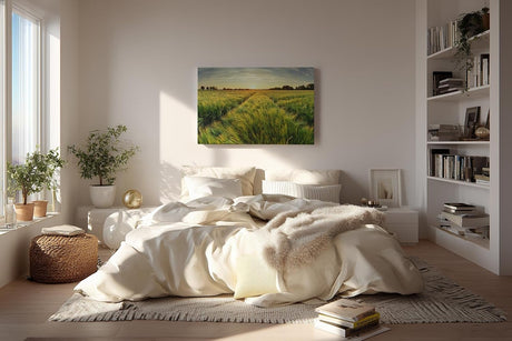 Sinus Art Wandbild 120x80cm Sonnenuntergang über einem weitläufigen Feld voller goldener Halme – friedlich und inspirierend