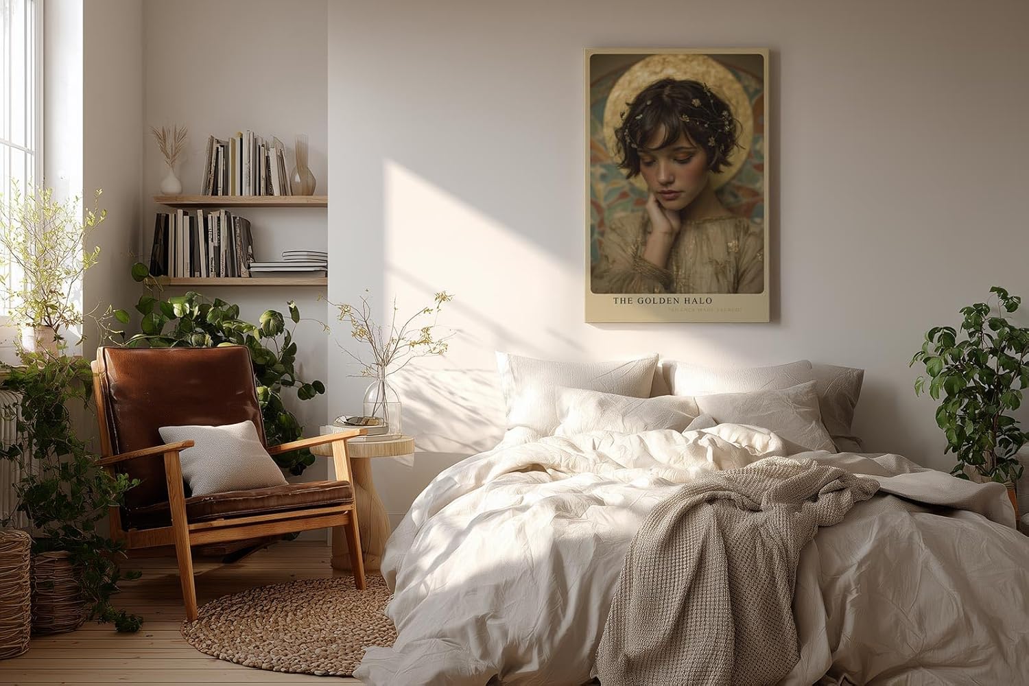 Paul Sinus Wandbild in 40x60cm The Golden Halo – Elegantes Porträt einer jungen Frau mit goldenem Heiligenschein in sanften, warmen Farbtönen für stilvolle Raumgestaltung