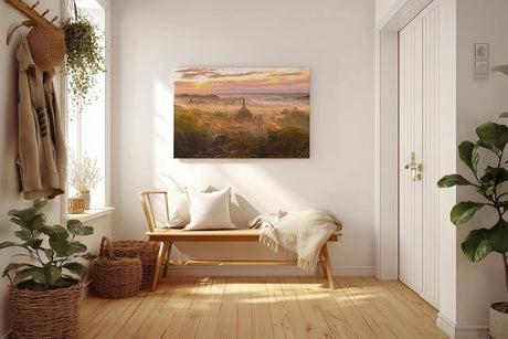 Sinus Art Wandbild 120x80cm Tempel im Morgendunst – faszinierende Komposition aus Kultur, Natur und Licht