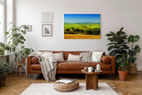 Sinus Art Wandbild 120x80cm Sanfte Hügel der Toskana mit Zypressen und Feldern unter strahlend blauem Himmel