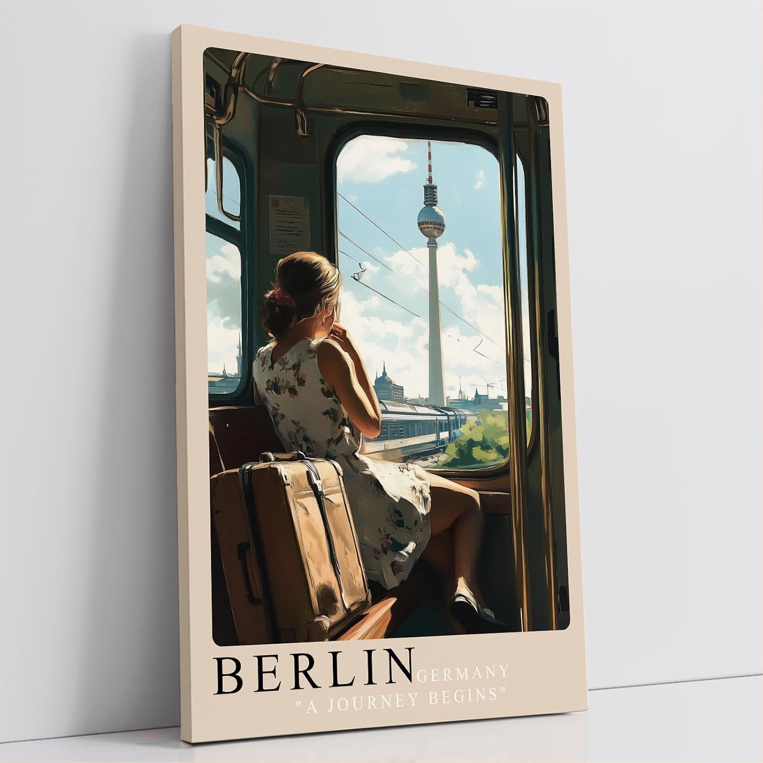 Paul Sinus Leinwandbild 80x120cm Leinwandbild Berlin Deutschland Reise beginnt Nostalgie Stadtbild Fernsehturm S-Bahn Fensterblick Vintage Atmosphäre