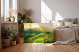 Sinus Art Wandbild 120x80cm Leuchtende Reisterrassen in der Morgensonne vor sanftem Bergpanorama
