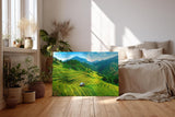 Sinus Art Wandbild 120x80cm Gestufte Reisterrassen in leuchtendem Grün vor Bergkulisse und weitem Himmel